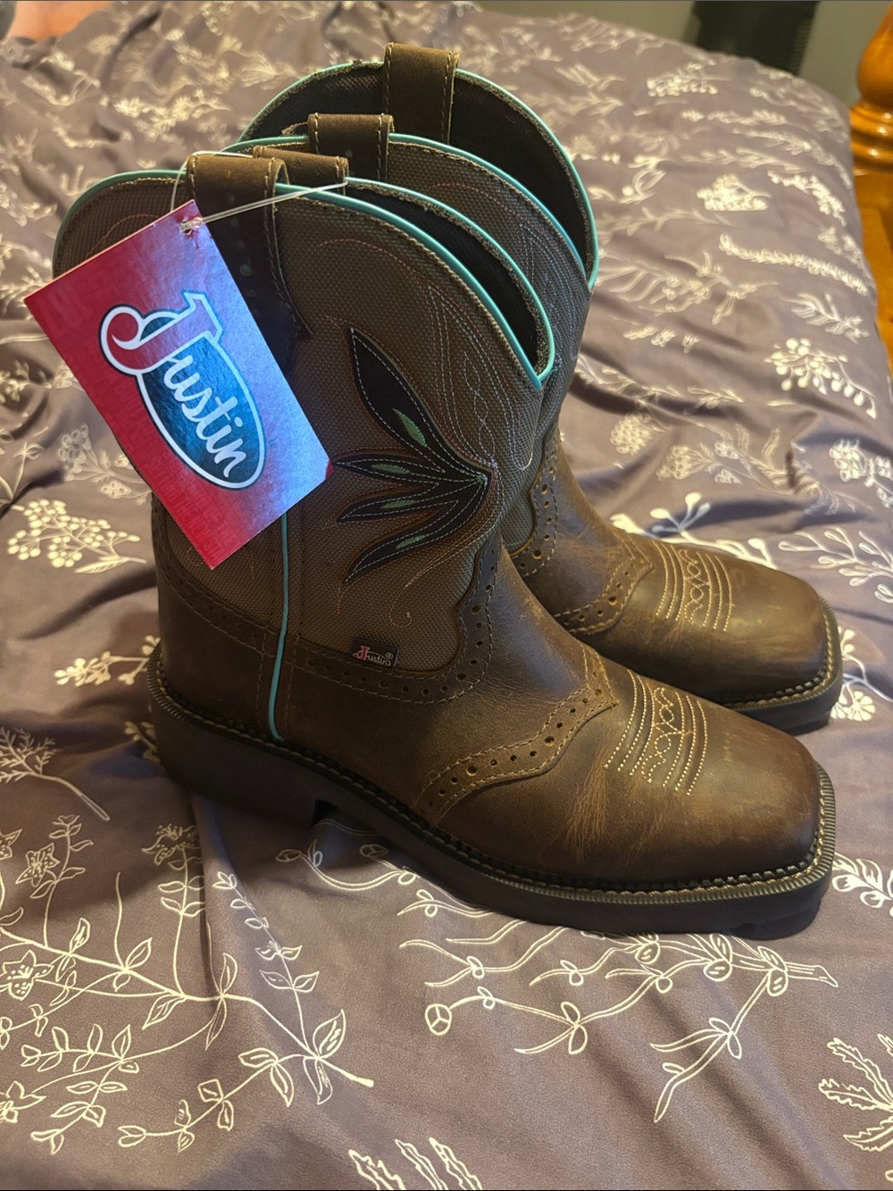 Justin Boots Women's Brown Leather Ankle Booties with Turquoise Trim